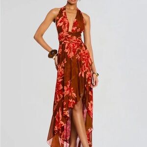 Retrofete NWT Red and Brown Floral High Low Dress